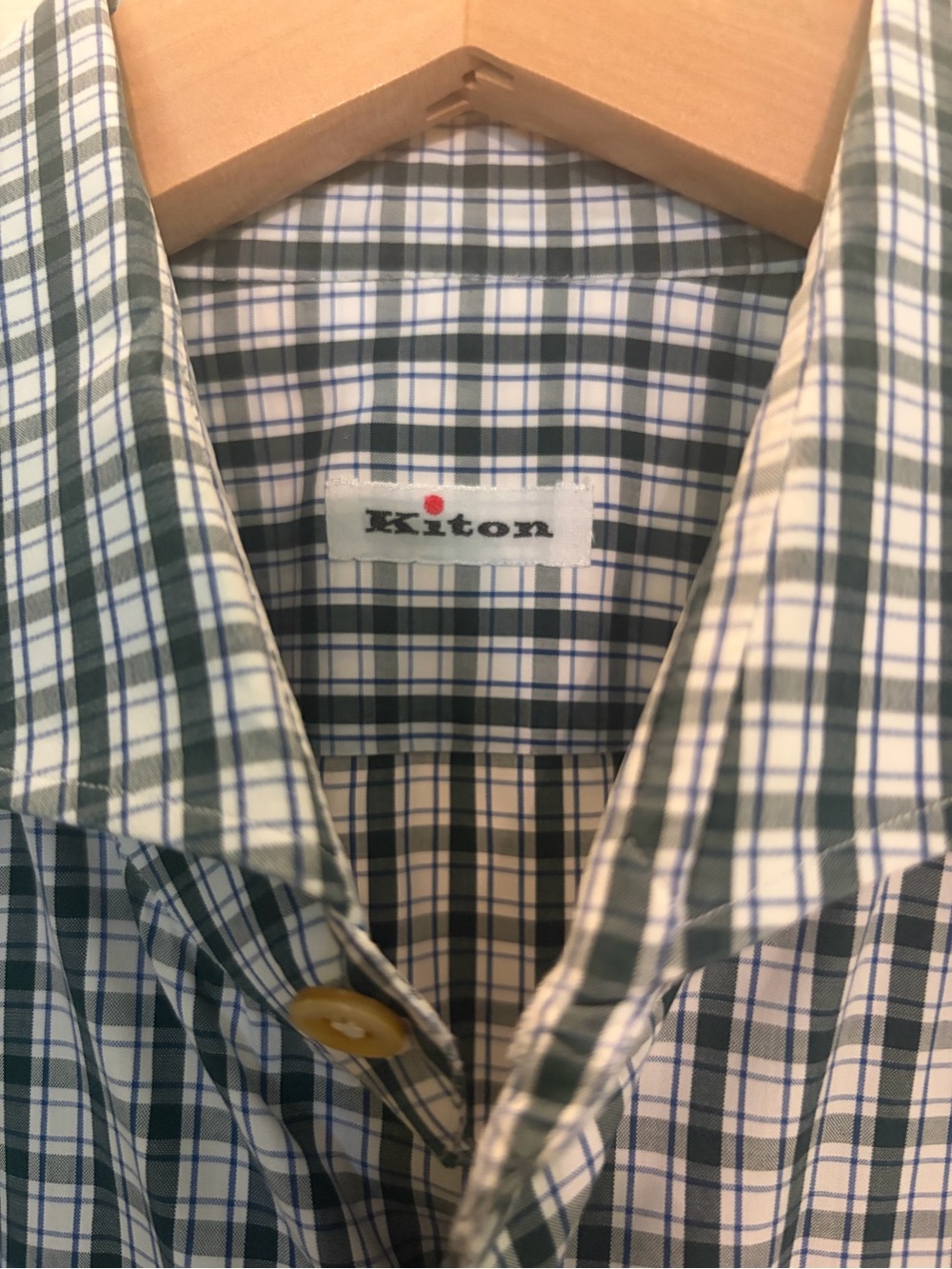 Kiton Green and White Plaid Button-Down Shirt